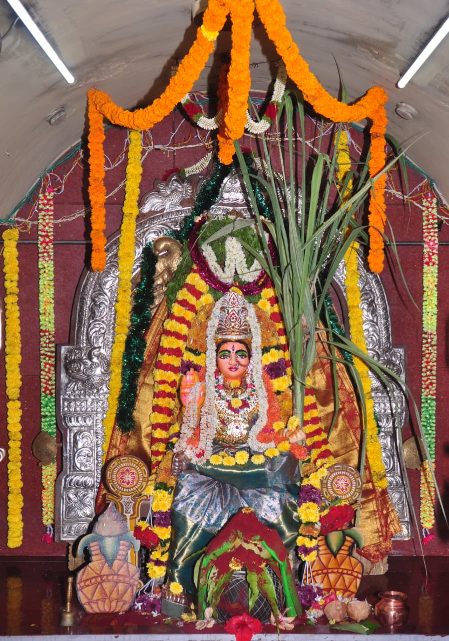 Decorated goddess chariot during a temple celebration